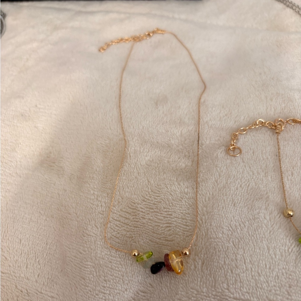 Colorful Gemstone Chip Necklace & Bracelet Set | Stainless Steel Adjustable Boho - Picture 3 of 5